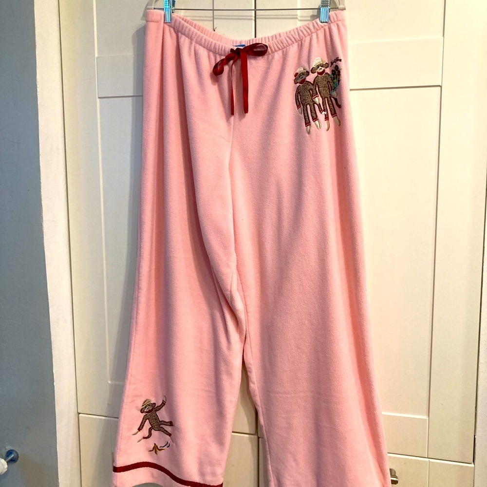 Nick & Nora Pink Lounge Pants with Sock Monkey Embroidery . Cozy Spring pink XL